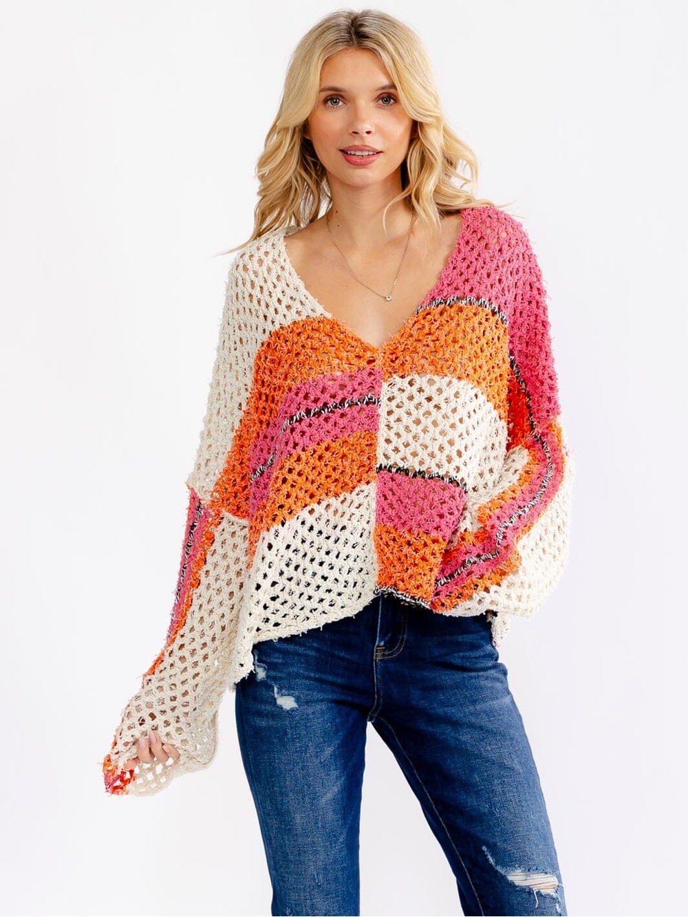 MILLIBON / WOMEN'S LONG SLEEVE V-NECK COLORBLOCK KNIT SWEATER TOP/ NWOT/ S /